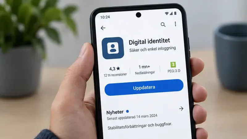 Illustrativ Android-telefon med en generell appbutikssida och knappen Uppdatera