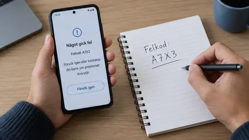 Illustrativ telefon med ett generellt felmeddelande bredvid ett block där felkoden skrivs ned
