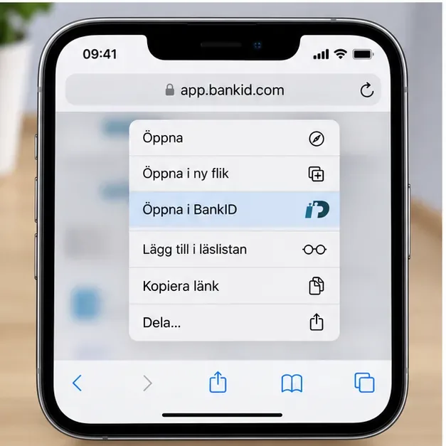 Illustration av Safari-menyn där en BankID-länk kan öppnas i BankID