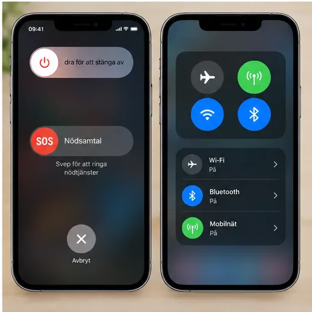 Illustration av avstängningsreglage och anslutningskontroller på iPhone