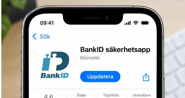 Illustration av BankID säkerhetsapp i App Store med uppdateringsknapp