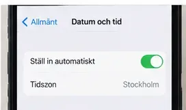 Mobilens inställningar för datum och tid med automatisk inställning aktiverad