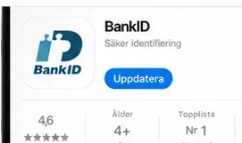BankID visas i en appbutik med en knapp för att uppdatera appen