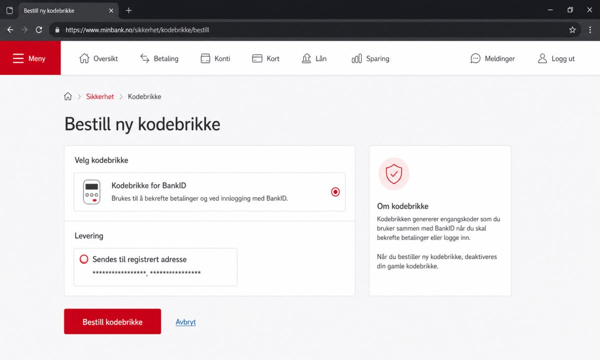 SpareBank 1 nettbank med meny for bestilling av kodebrikke