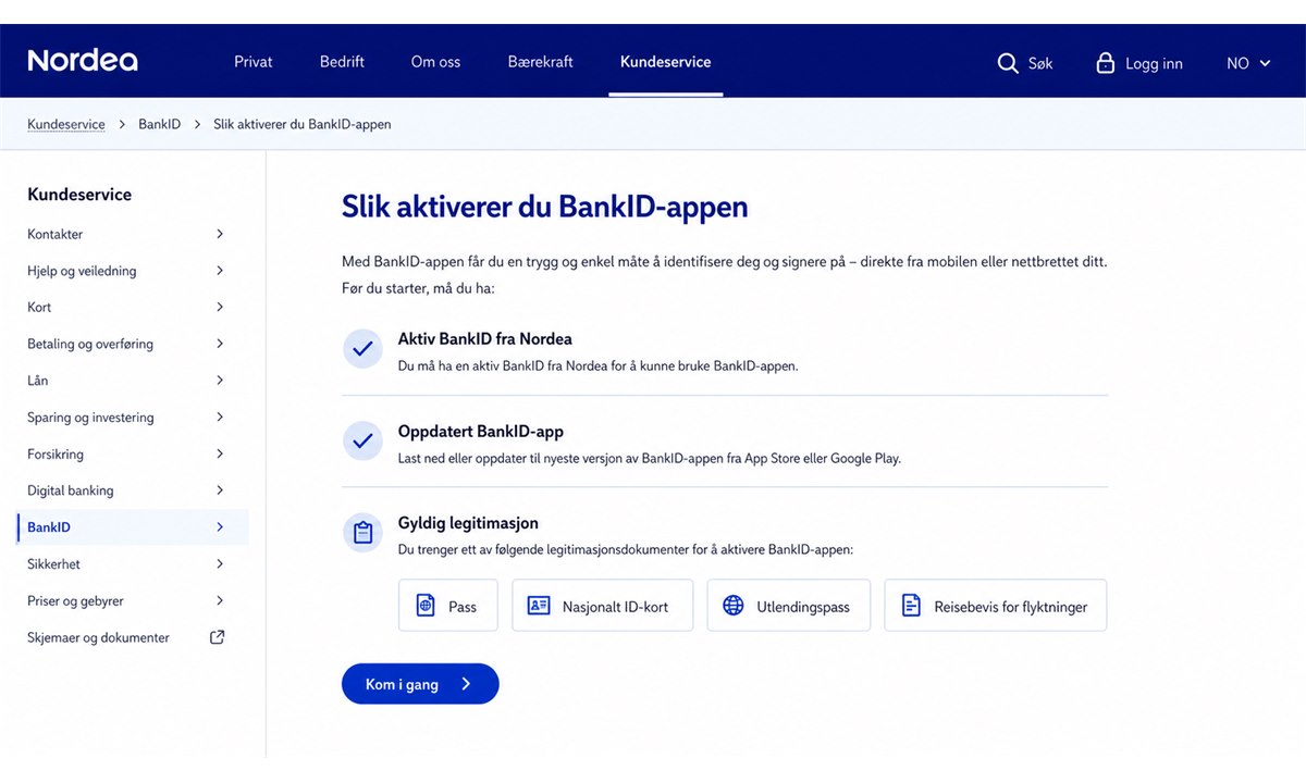 Nordea nettbank innstillinger BankID på mobil meny