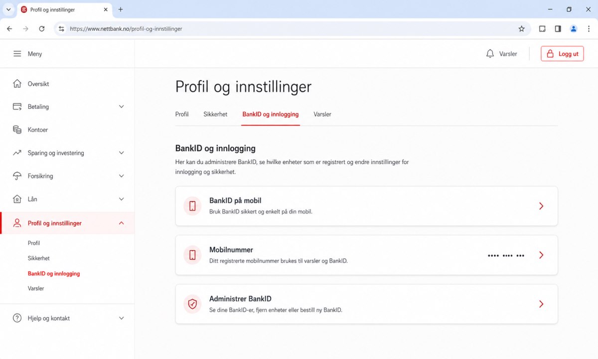 SpareBank 1 nettbank profil og BankID innstillinger