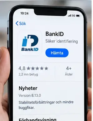Illustration av BankID-appen i en appbutik på en ny telefon.
