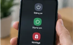 En mobiltelefon visar en meny med alternativ för att stänga av och starta om enheten
