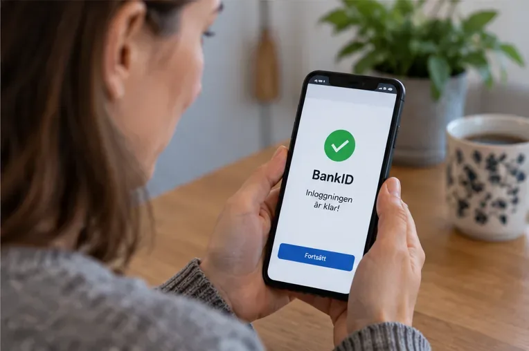 Person håller mobiltelefon med en grön bekräftelse efter lyckad BankID-inloggning