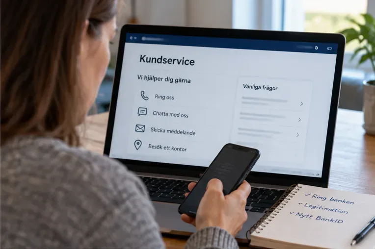 Person använder dator och telefon vid kontakt med bankens kundservice och har antecknat att ringa banken och fråga om nytt BankID