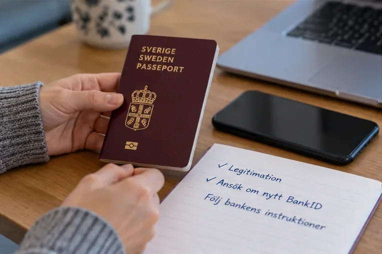 Svenskt pass, mobiltelefon och anteckningar om legitimation och ansökan om nytt BankID på ett bord