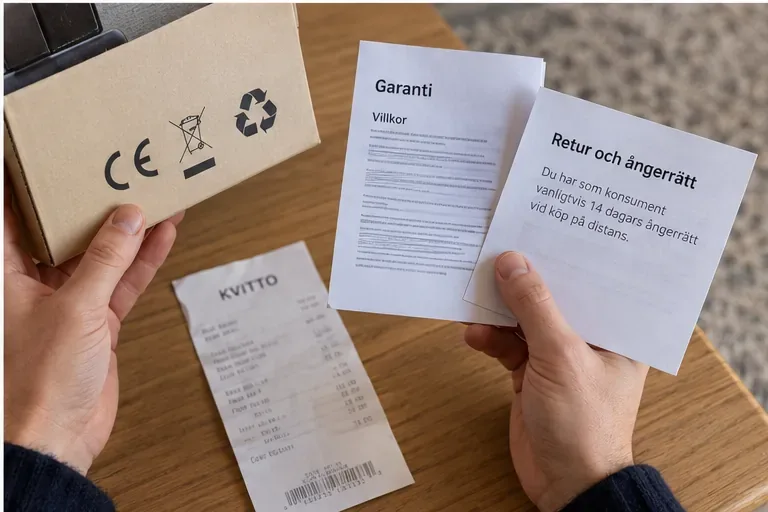Händer håller produktförpackning, kvitto samt papper med garanti- och returvillkor inför ett köp.
