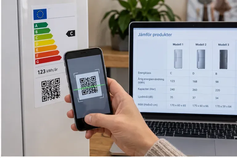 En mobiltelefon skannar QR-koden på en EU-energimärkning medan en bärbar dator visar en jämförelsetabell för flera modeller.