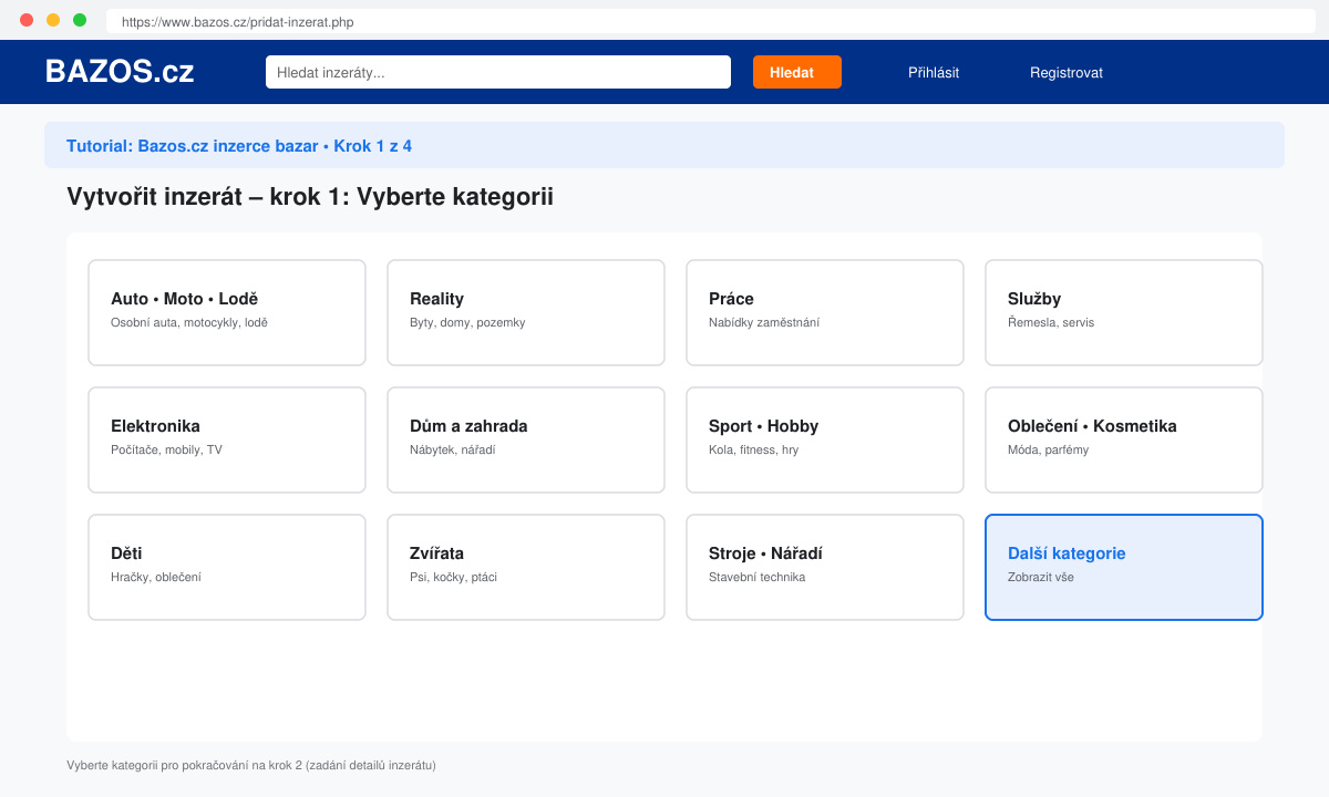 Snímek obrazovky s výběrem kategorie při vytváření inzerátu na Bazos.cz