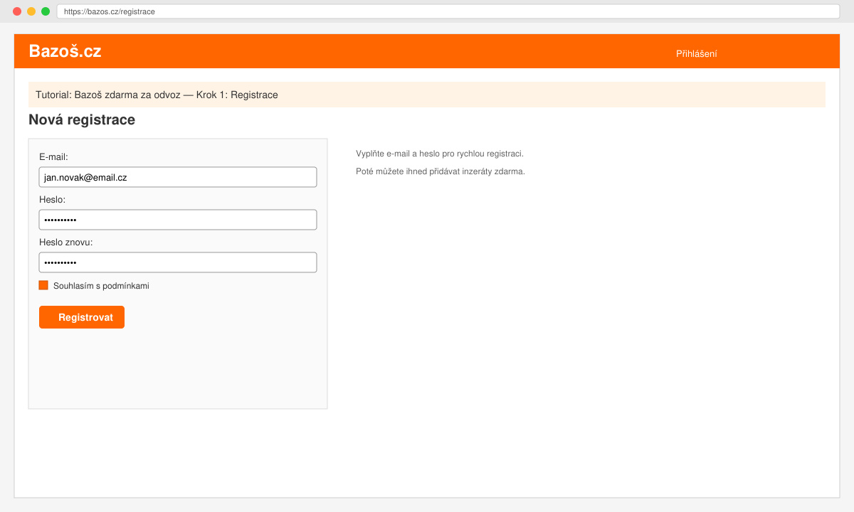 Registrace na Bazoš pro inzerát zdarma za odvoz