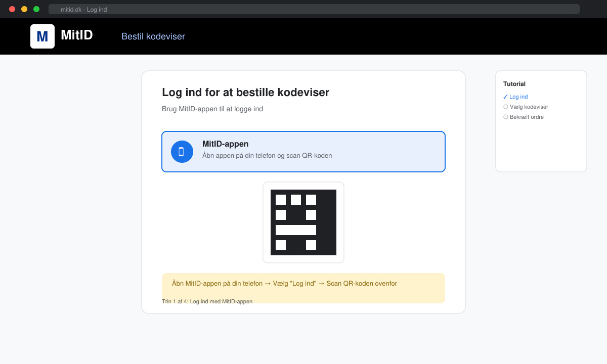 Log ind skærmbillede til bestil kodeviser til MitID