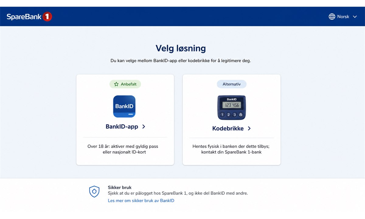 Valg mellom BankID-app og kodebrikke ved bestilling