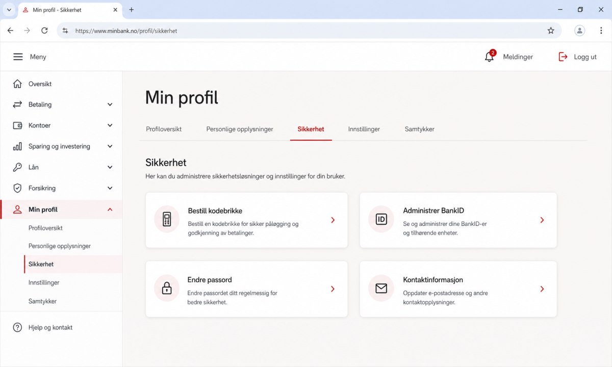 Meny for profilinnstillinger og bestilling av kodebrikke i SpareBank 1
