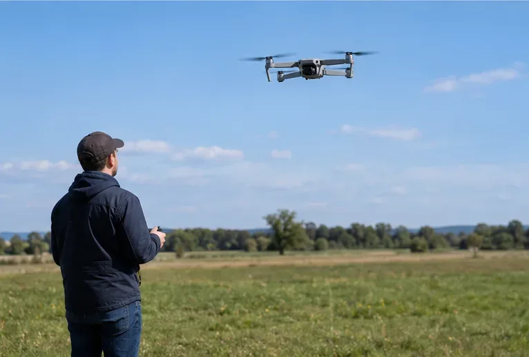 Pilot ovládá malý kvadrokoptérový dron ve visu nad rozlehlým prázdným travnatým polem