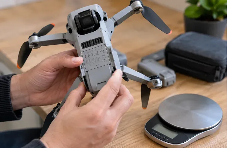 Ruce kontrolují spodní stranu skládacího dronu vedle malé digitální váhy na stole