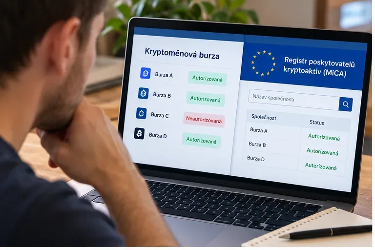 Uživatel kontroluje na notebooku stav oprávnění kryptoměnových služeb v registru MiCA.