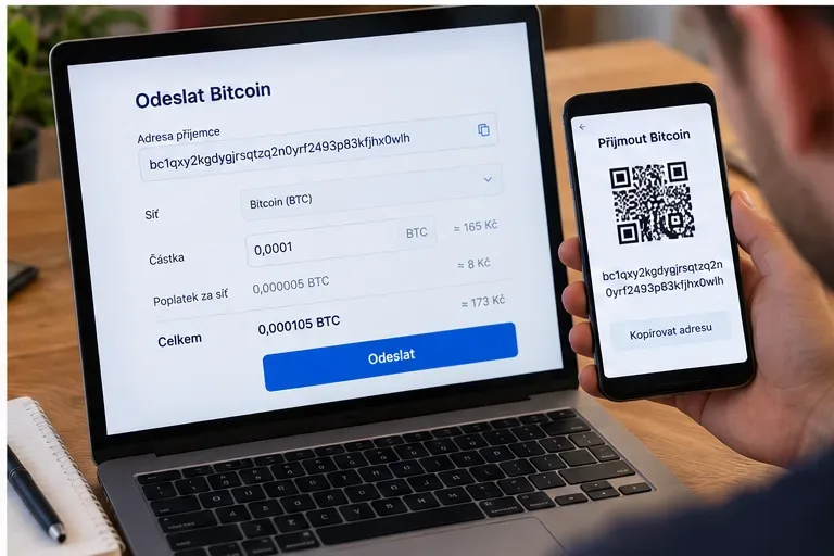 Ilustrační formulář pro odeslání Bitcoinu a telefon s QR kódem přijímací adresy.