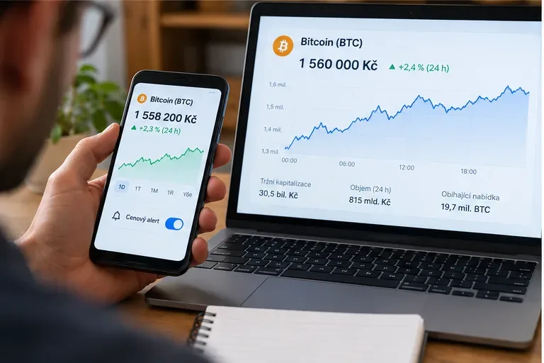 Notebook a telefon s ilustračními grafy ceny Bitcoinu a zapnutým cenovým upozorněním.