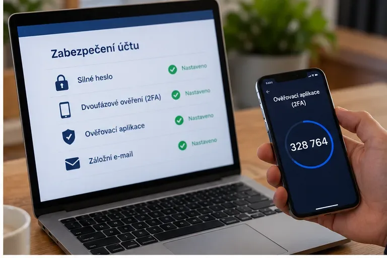 Notebook se stránkou zabezpečení účtu a telefon s jednorázovým kódem dvoufázového ověření.