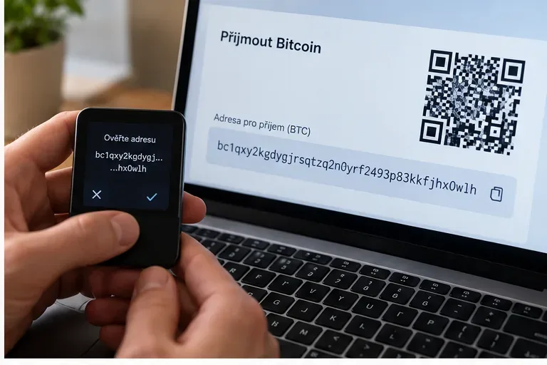 Hardwarová peněženka zobrazuje kontrolu Bitcoin adresy, zatímco stejná přijímací adresa je na notebooku.
