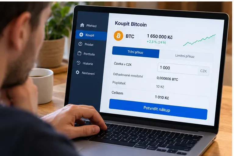 Ilustrační obrazovka nákupu Bitcoinu s částkou v CZK, odhadovaným množstvím BTC a poplatkem.