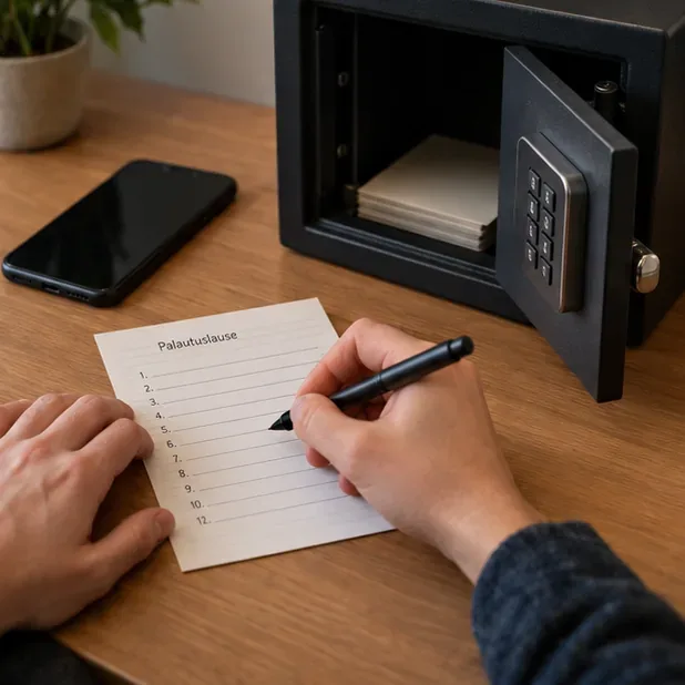 Henkilö kirjoittaa palautuslausetta paperille avoimen lukollisen kassakaapin vieressä, puhelin lepää pöydällä.
