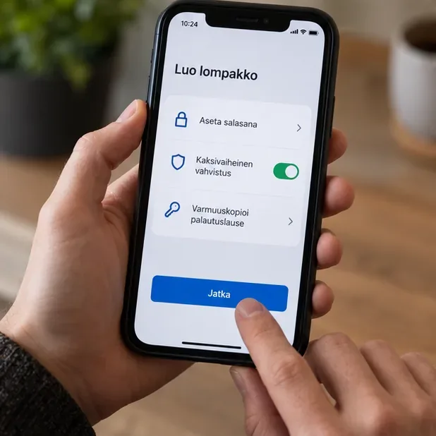 Puhelimen havainnollistavassa lompakkonäkymässä asetetaan salasanaa, kaksivaiheista vahvistusta ja palautusvarmistusta.