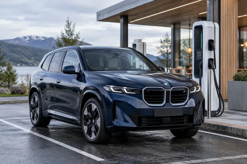 Mørkeblå elektrisk BMW-SUV ved en moderne hurtigladestation med nordisk landskab i baggrunden