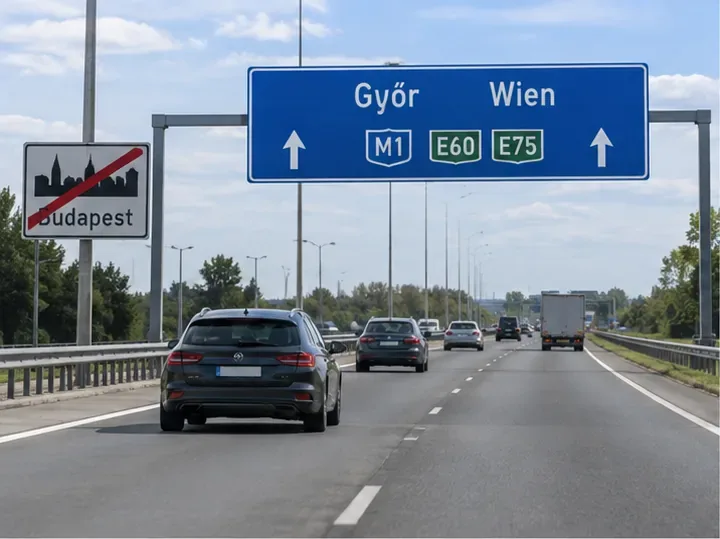 Személyautók haladnak az M1-es autópályán Budapest után, a kék táblán Győr és Wien iránya látható.