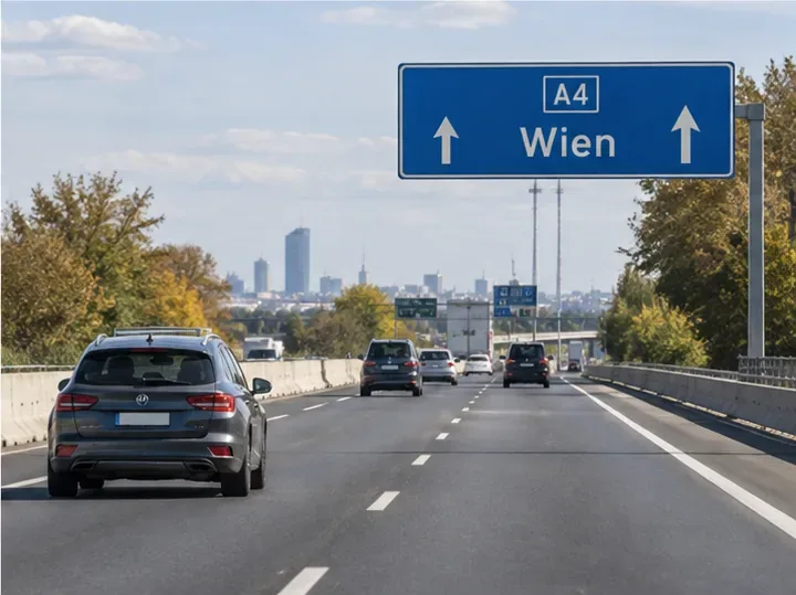 Személyautók haladnak az A4-es autópályán Wien felé, a kék útjelző tábla Bécs irányát mutatja.