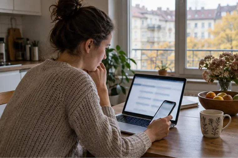 Egy lakó otthon, laptop és telefon mellett ellenőrzi a hulladékszállítási információkat.