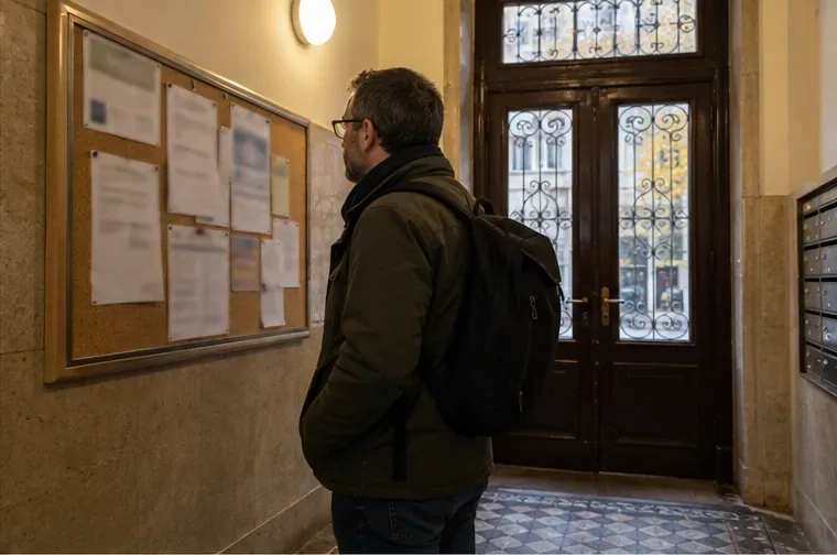 Egy lakó társasházi hirdetőtáblánál olvassa a kifüggesztett tájékoztatót.
