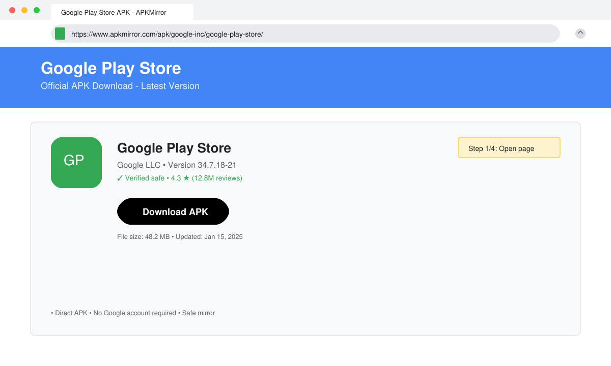 Ảnh màn hình trình duyệt đang mở trang tải Google Play Store APK