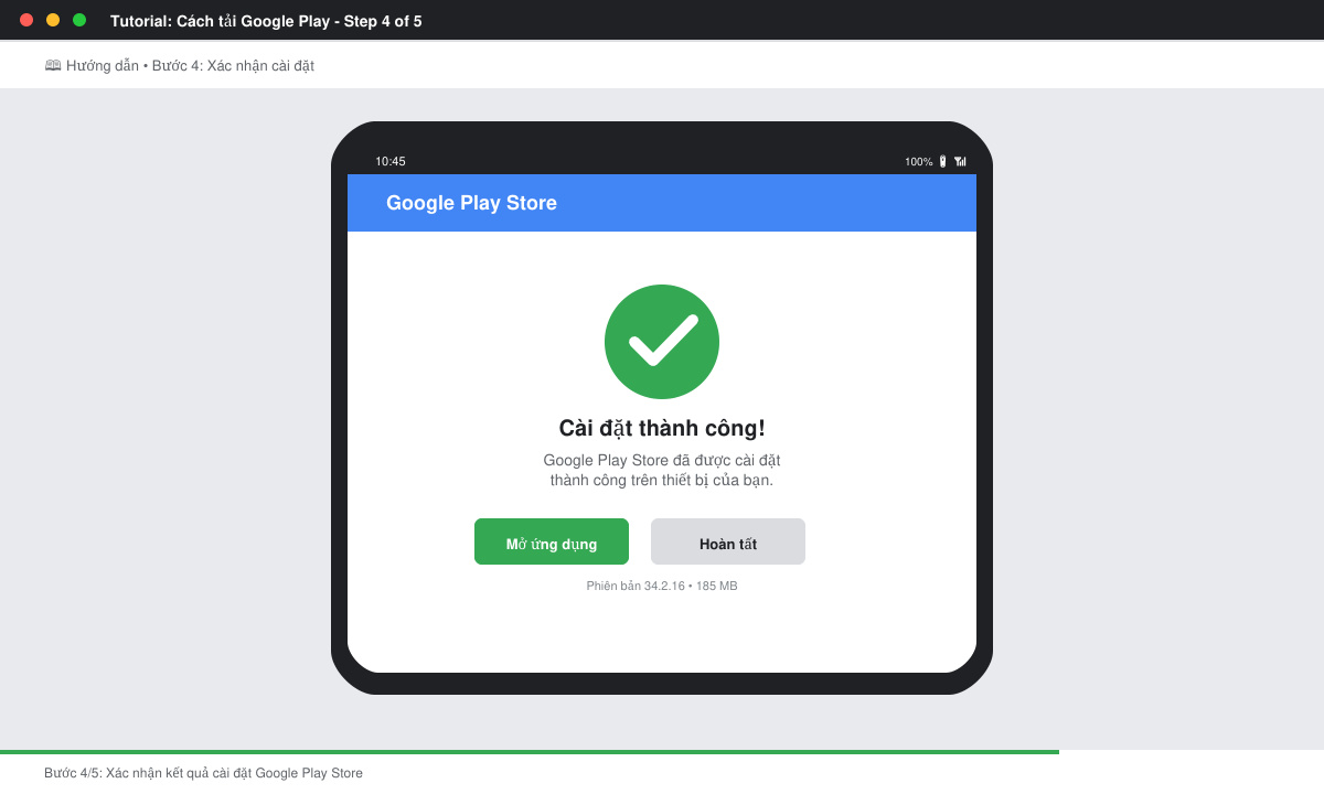 Ảnh màn hình xác nhận cài đặt Google Play Store thành công
