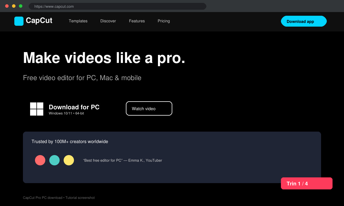 CapCut pro PC download startside med download-knap