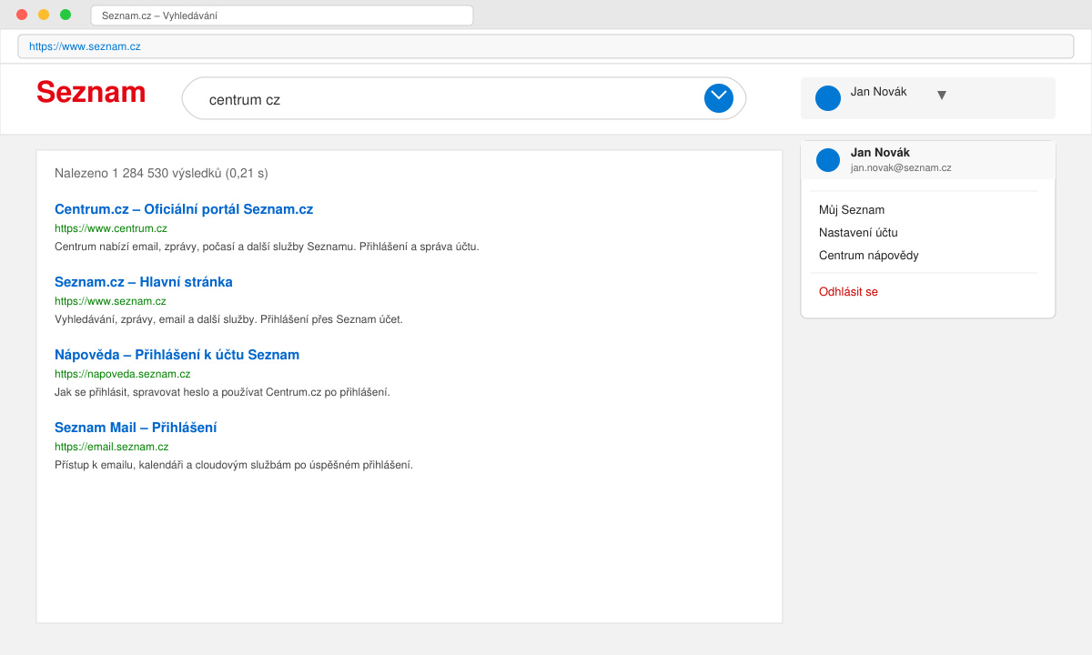Search results page on Seznam.cz after logging in