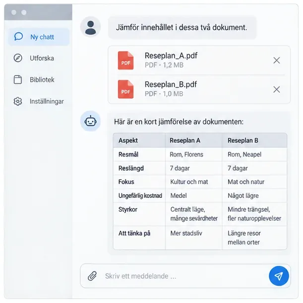 Illustrerad ChatGPT-vy där två PDF-filer laddas upp och jämförs i en enkel tabell.