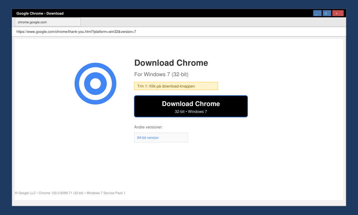 Skærmbillede af downloadside til Chrome 32 bit Windows 7
