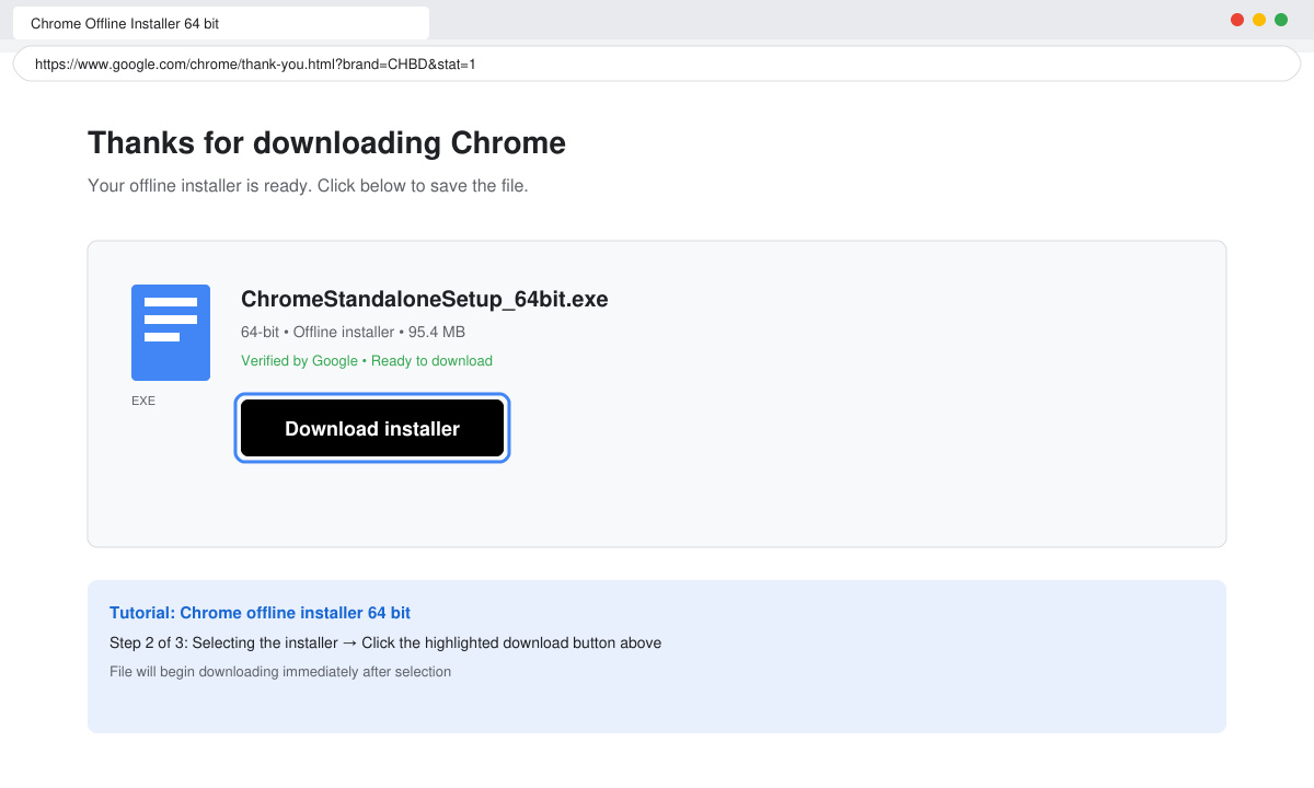 Screenshot of selecting the 64-bit offline installer file on the download page