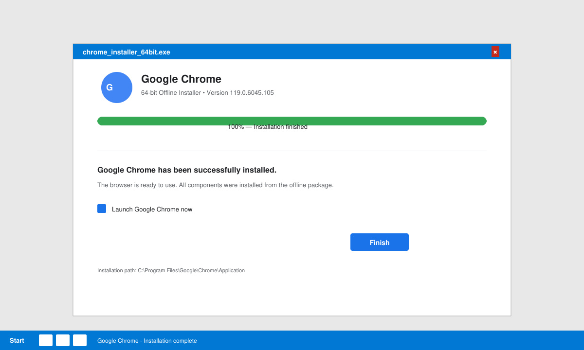 Installation progress window of Chrome offline 64-bit installer running on Windows