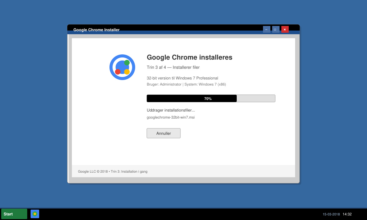 Installationsvindue i Windows 7 hvor Chrome installeres