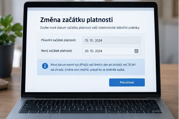 Ilustrační obrazovka změny začátku platnosti s původním a novým datem a upozorněním na podmínky změny.