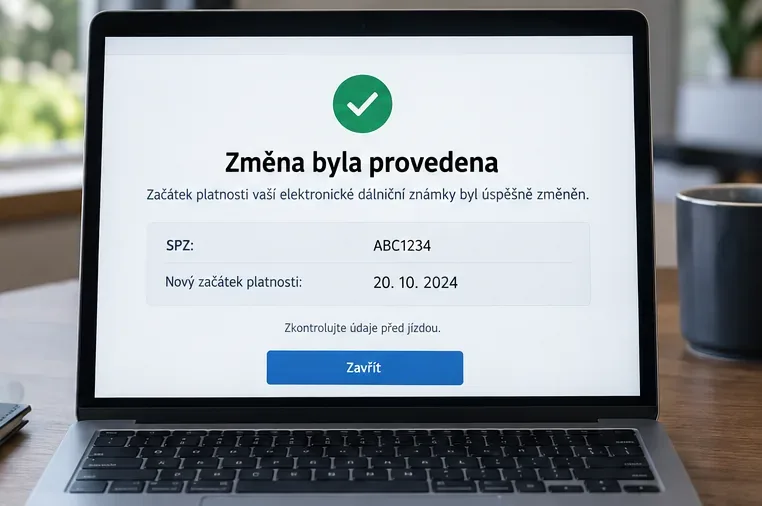 Ilustrační obrazovka úspěšně provedené změny začátku platnosti elektronické dálniční známky.