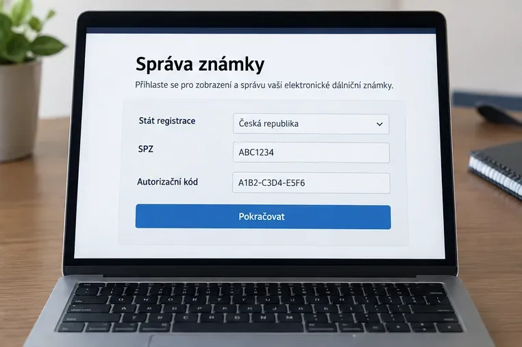 Ilustrační obrazovka Správy známky s poli pro stát registrace, SPZ a autorizační kód.