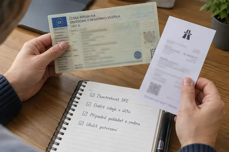 Řidič porovnává osvědčení o registraci vozidla, potvrzení o dálniční známce a kontrolní seznam